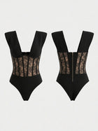Deep V-Neck Lace Bodysuit with Padded Shoulders