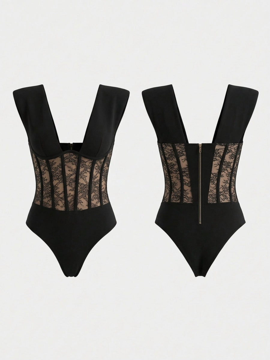 Deep V-Neck Lace Bodysuit with Padded Shoulders