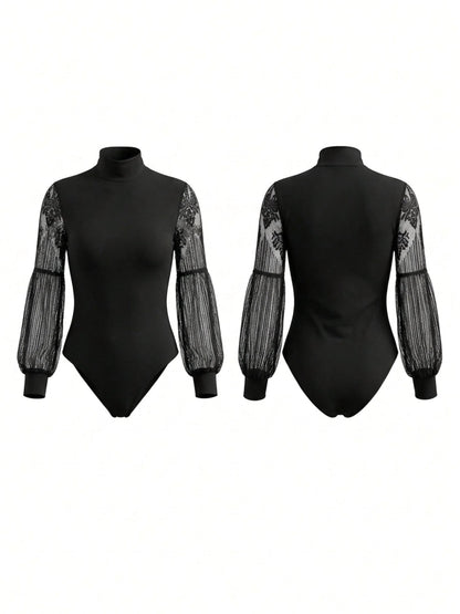 Black Mock Neck Lace Sheer Puff Sleeve Bodysuit