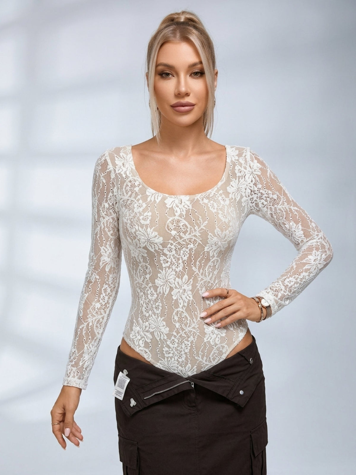 Sheer Floral Lace Long Sleeve U-Neck Bodysuit