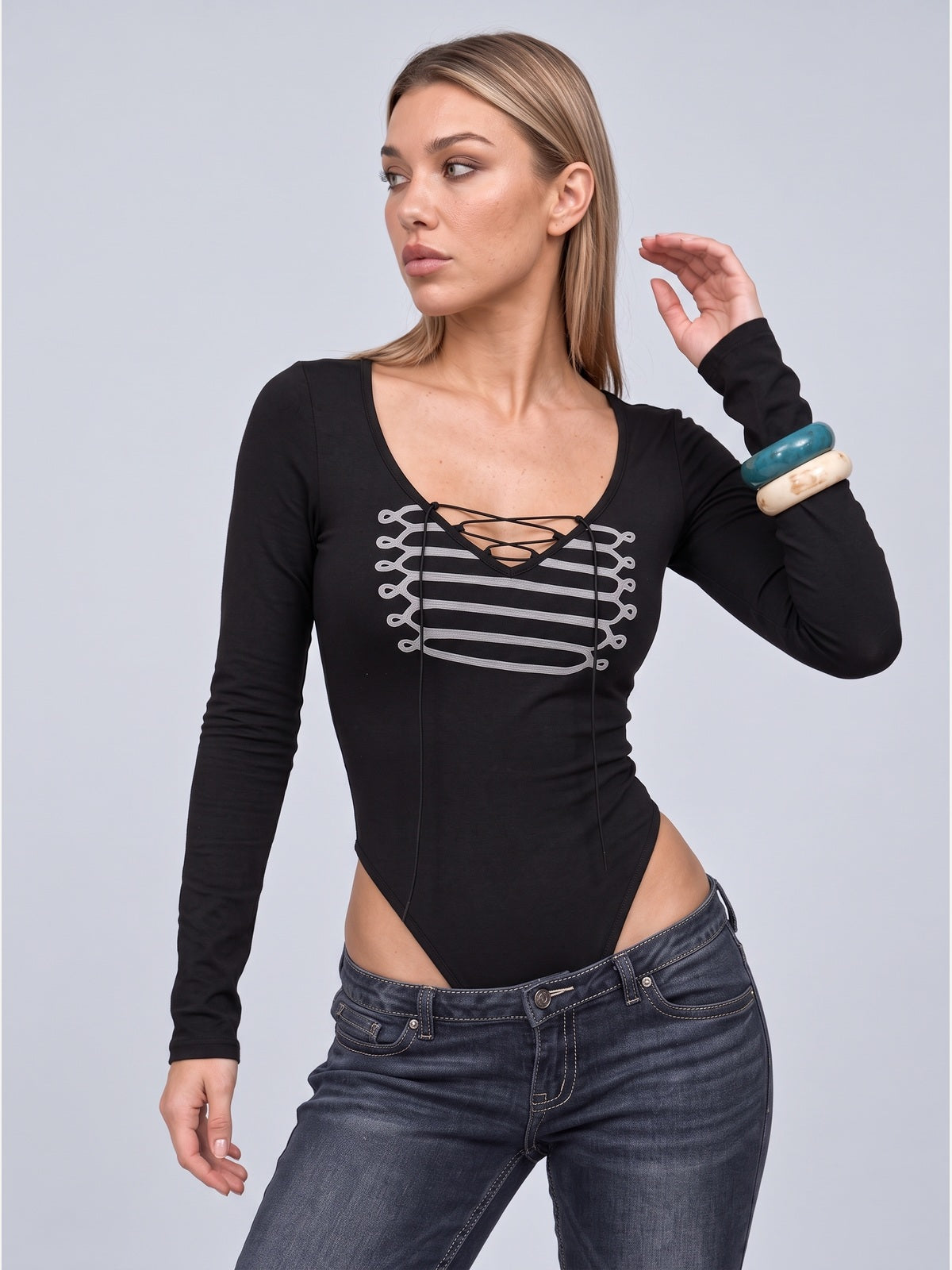 Lace-Up Print Long Sleeve Bodysuit