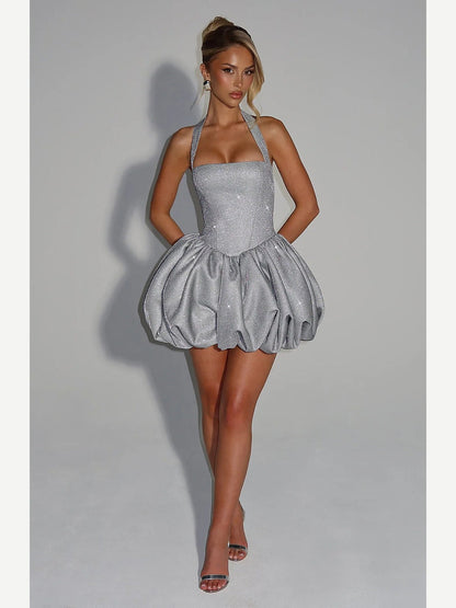 Glitter Halter Corset Bubble Mini Dress