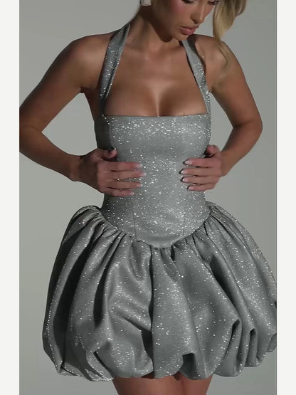 Glitter Halter Corset Bubble Mini Dress