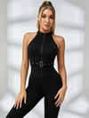 Halter Zip-Up Belted Waist Compression Jumpsuit