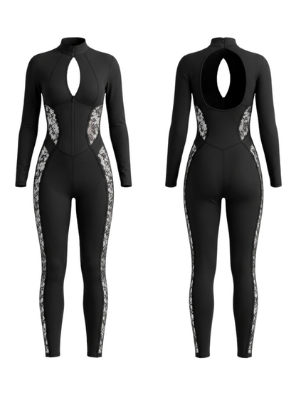 Lace Panel Zip‑Front Open Back Long Sleeve Jumpsuit