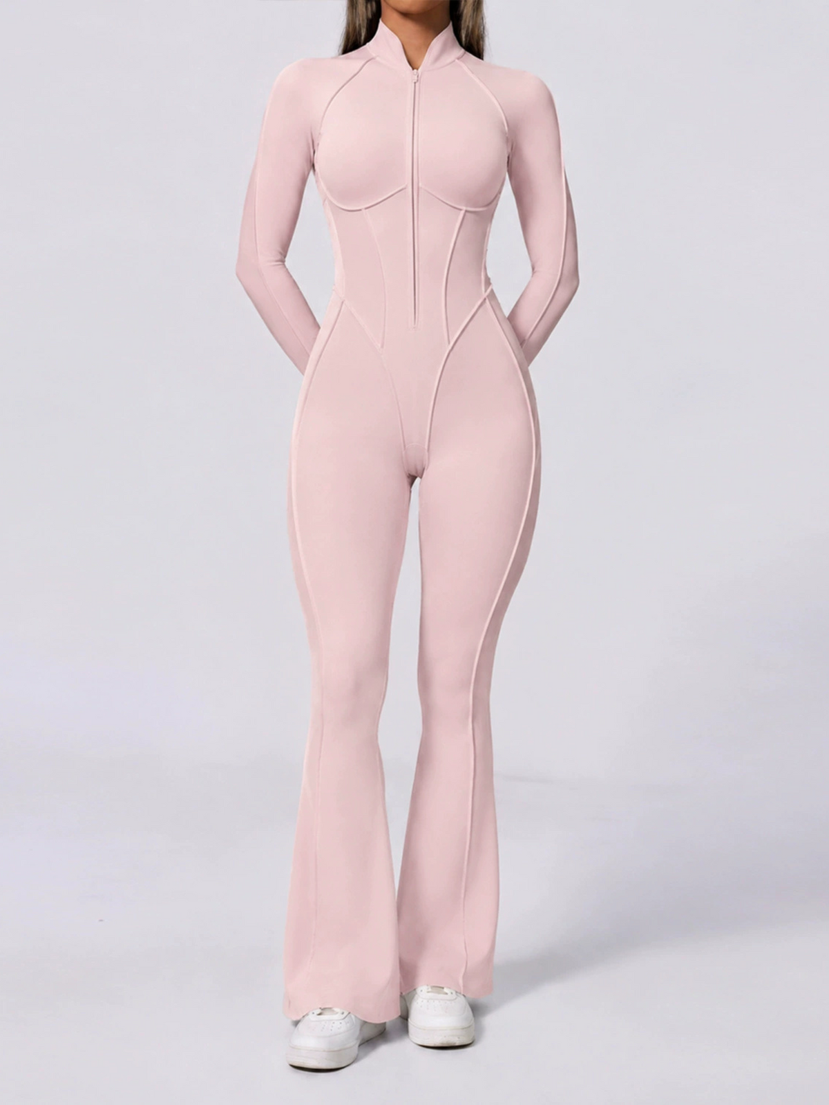 Half Zip High Neck Long Sleeve Shaping Flare Jumpsuit