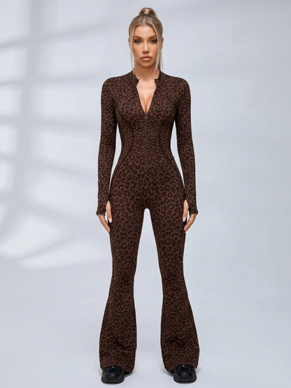 Leopard Print Zip Front Flare Jumpsuit