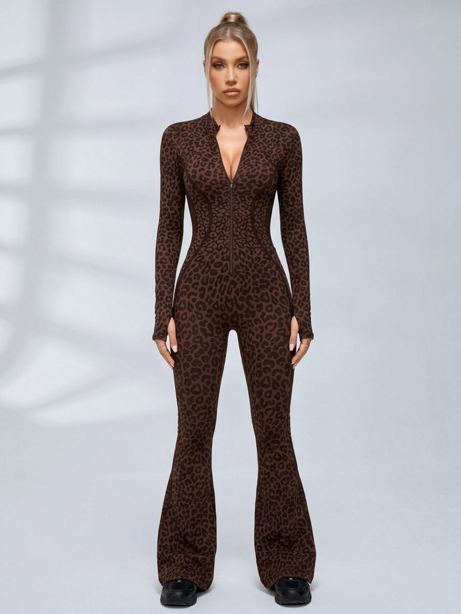 Leopard Print Zip Front Flare Jumpsuit
