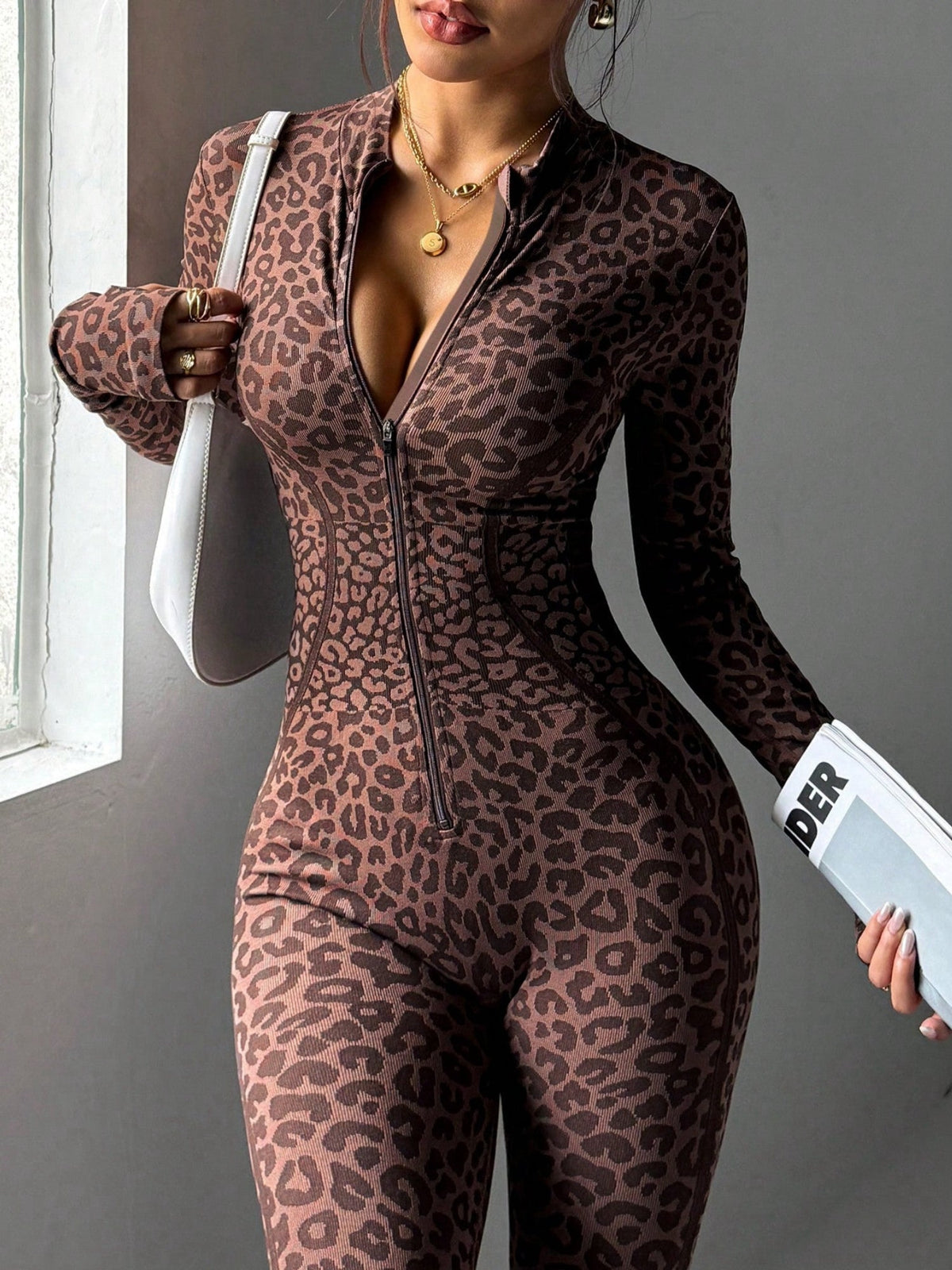 Leopard Print Zip Front Flare Jumpsuit
