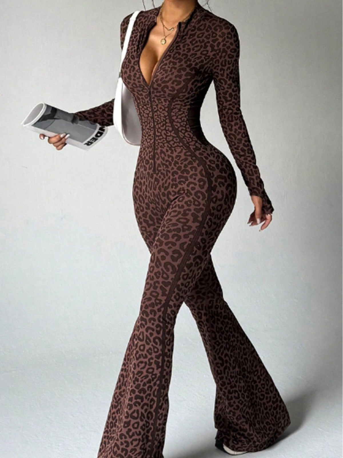 Leopard Print Zip Front Flare Jumpsuit