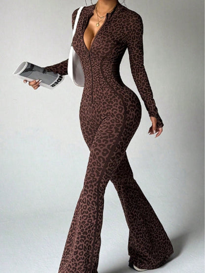 Leopard Print Zip Front Flare Jumpsuit
