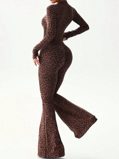 Leopard Print Zip Front Flare Jumpsuit
