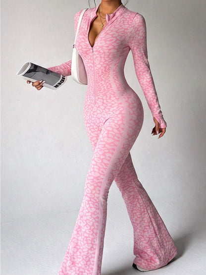 Leopard Print Zip Front Flare Jumpsuit