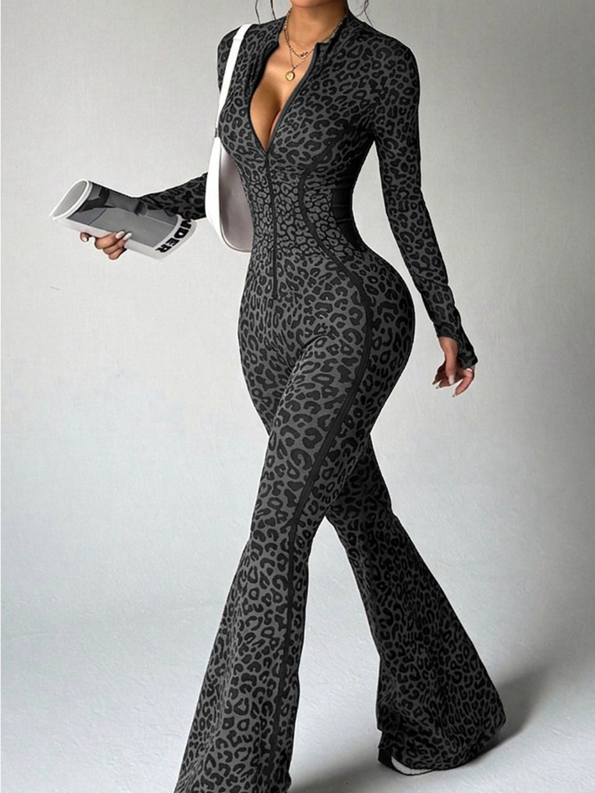 Leopard Print Zip Front Flare Jumpsuit