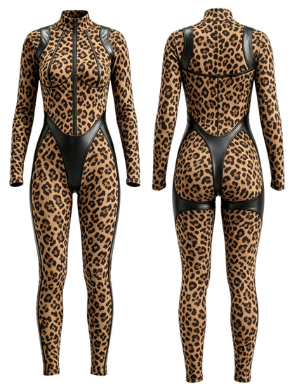 Faux Leather Zipper Stand Collar Push Up Jumpsuit