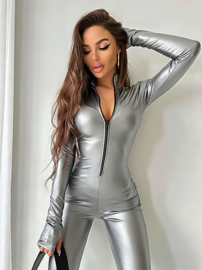 Faux Leather Sculpting Zip-Front Jumpsuit