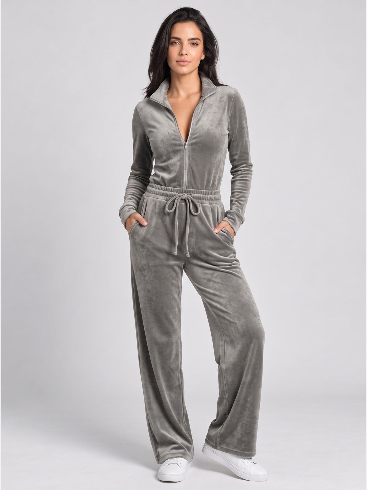 Velour High Collar Zip-Front Wide-Leg Jumpsuit