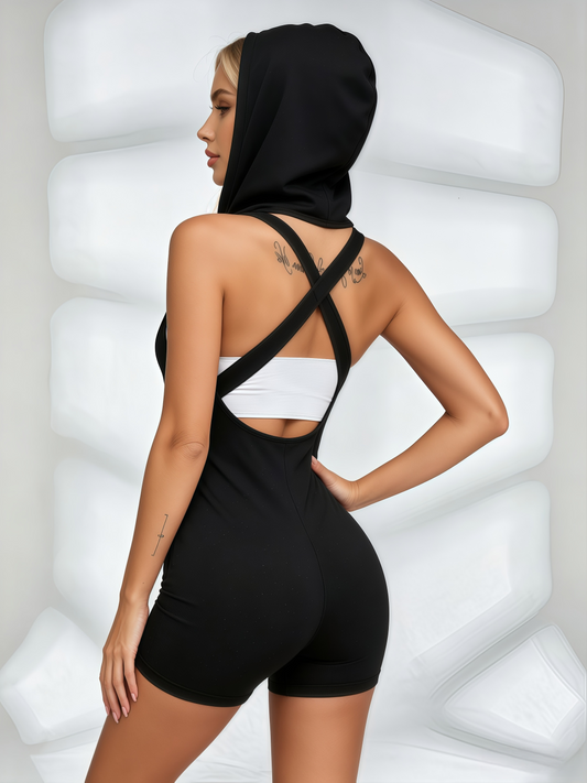 Rhinestone Crisscross Back Zip-Up Sleeveless Hooded Short Romper