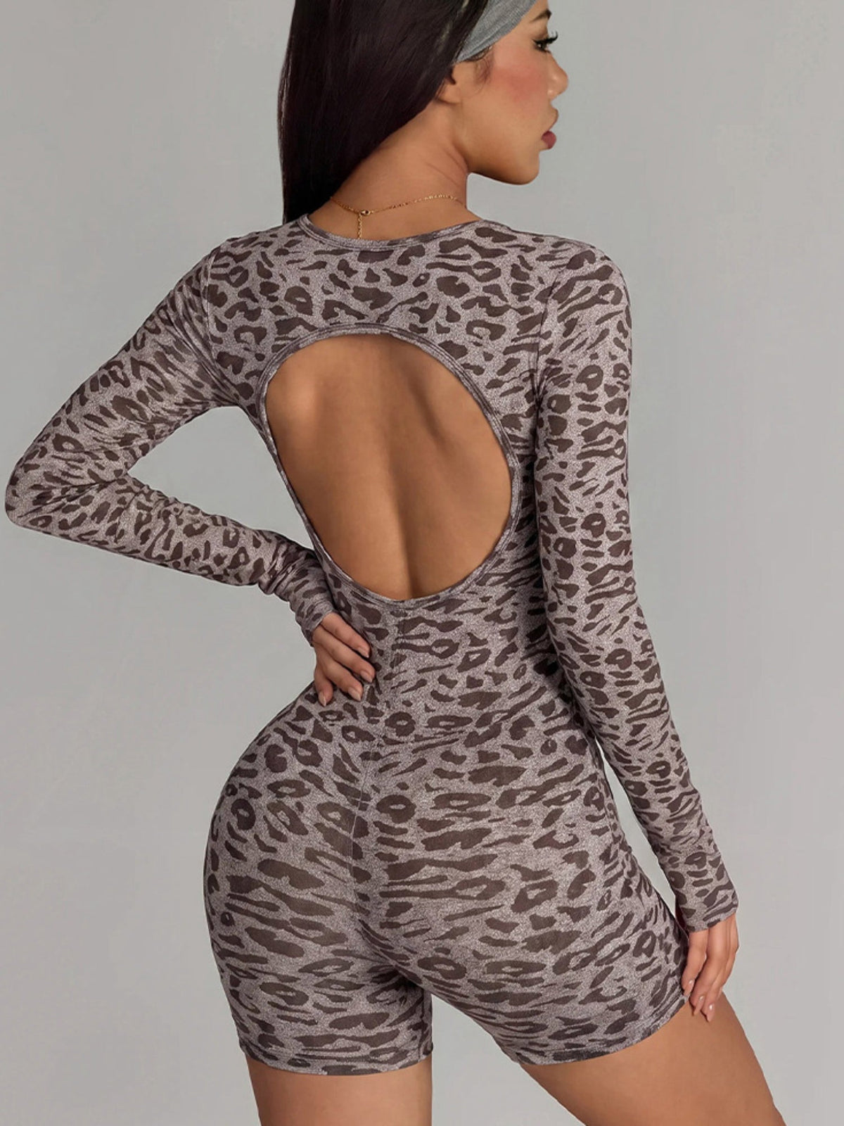 Leopard Print Cutout Long Sleeve Romper