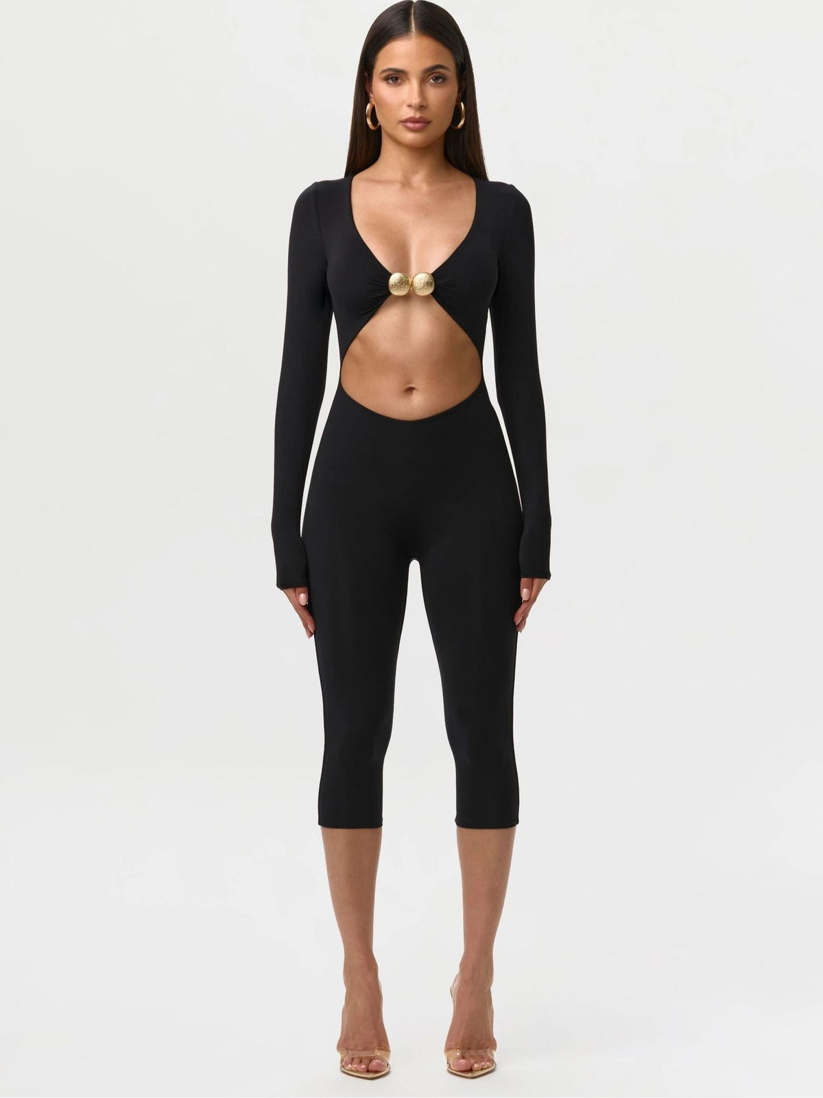 Leopard Print Cutout Long Sleeve Capri Jumpsuit