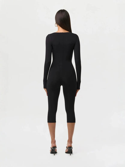 Leopard Print Cutout Long Sleeve Capri Jumpsuit