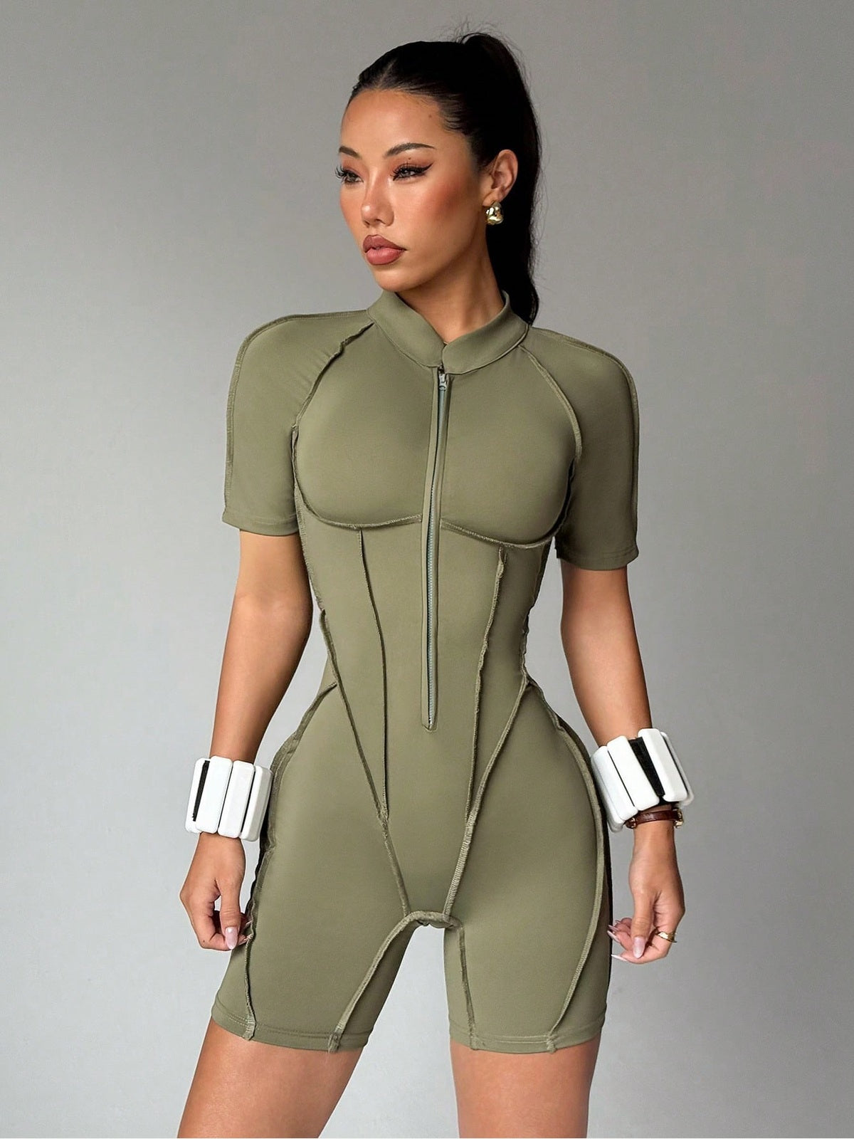 Contour Stitch Zip-Front Active Romper