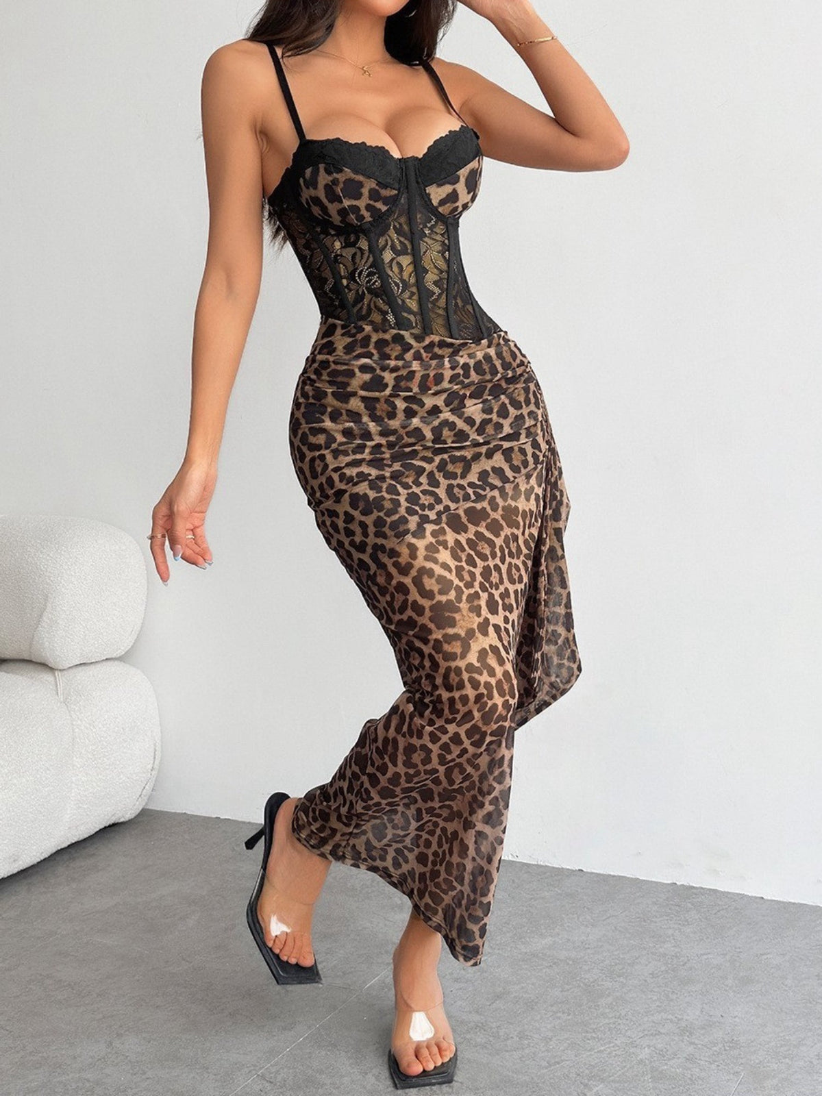 Leopard Print Lace Bust Maxi Bodycon Dress