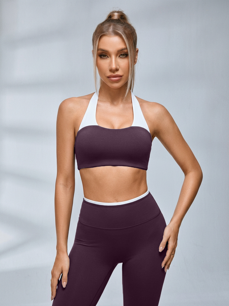 Contrast Trim Halter Sports Bra High Waist Hip Lifting Yoga Tracksuit