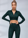 Zip Front Leopard Print Long Sleeve Fitness Set