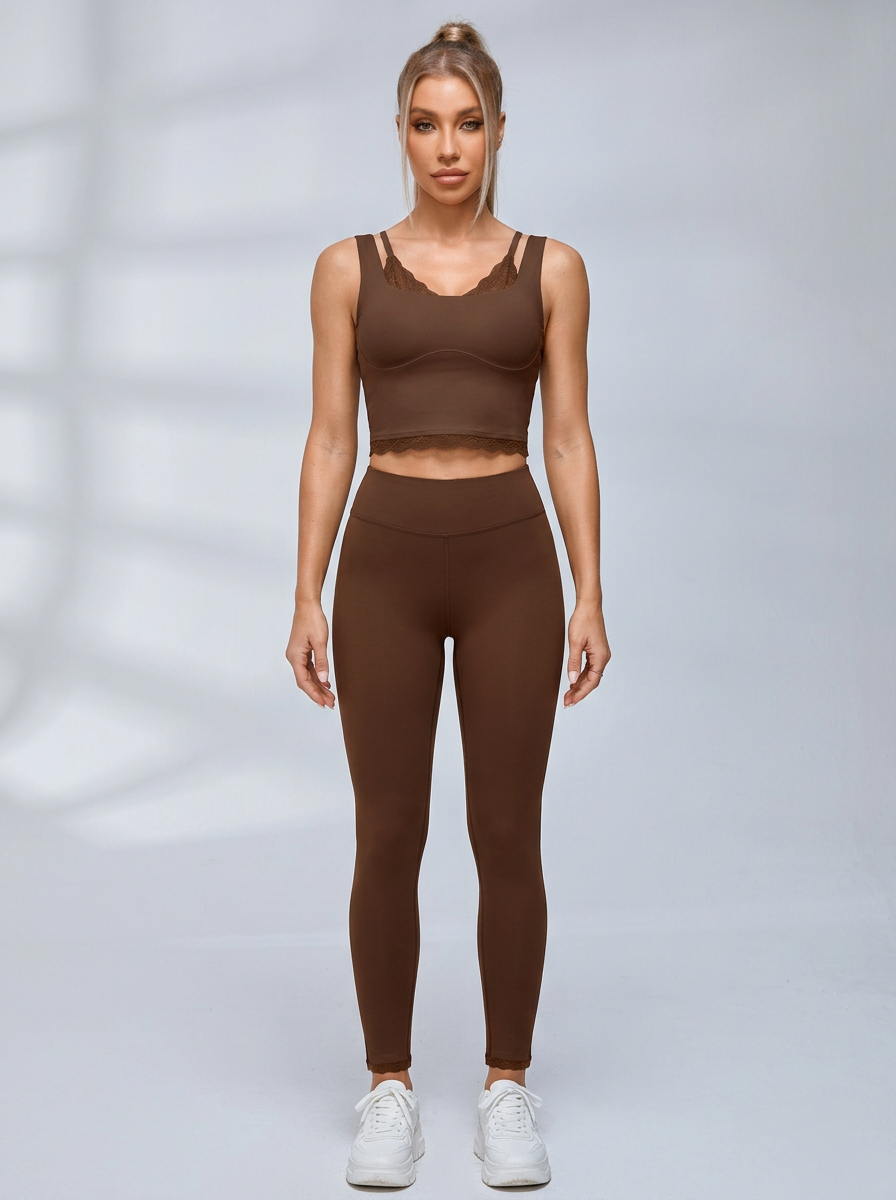Lace Trim Double Strap Workout Leggings Set