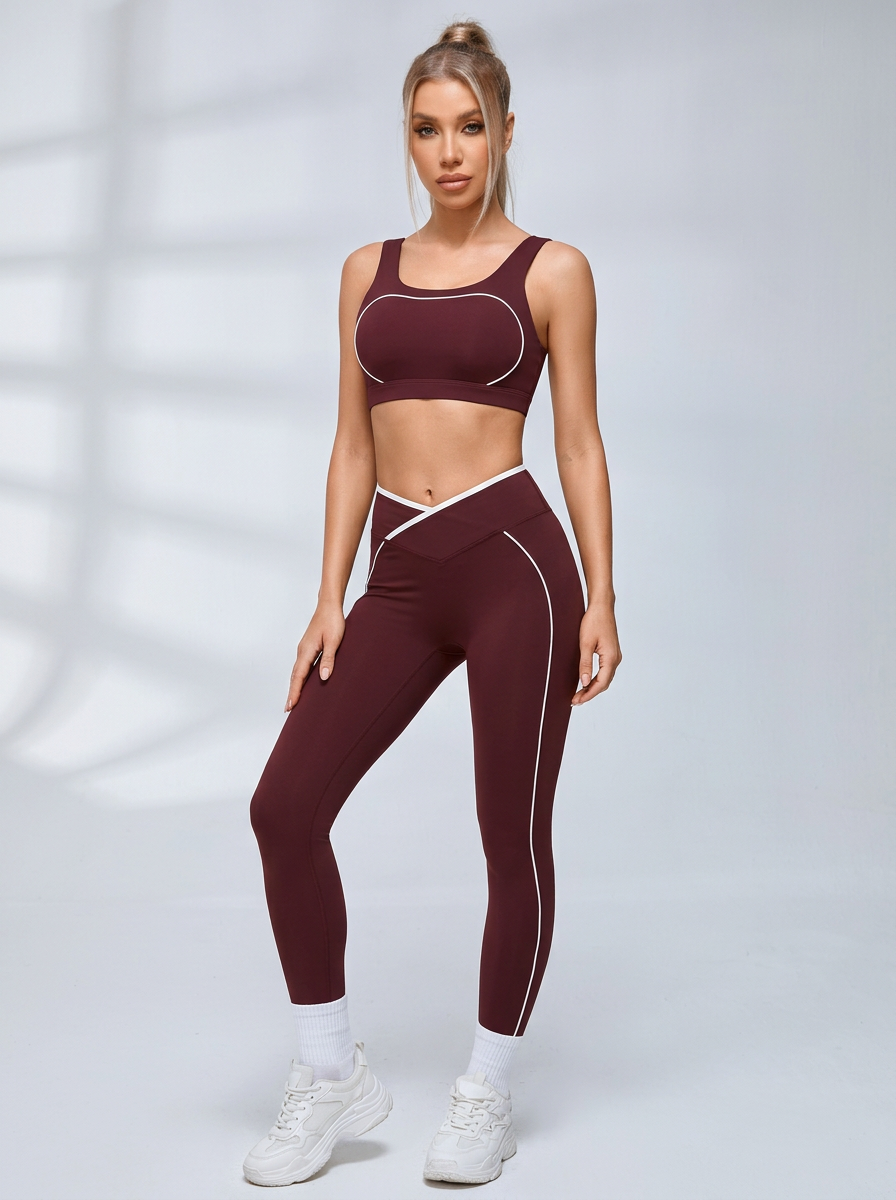 Contrast Stripe Criss Waist Workout Leggings Set