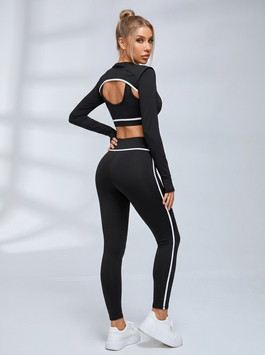 Contrast Piping Cutout Long Sleeve Leggings Set