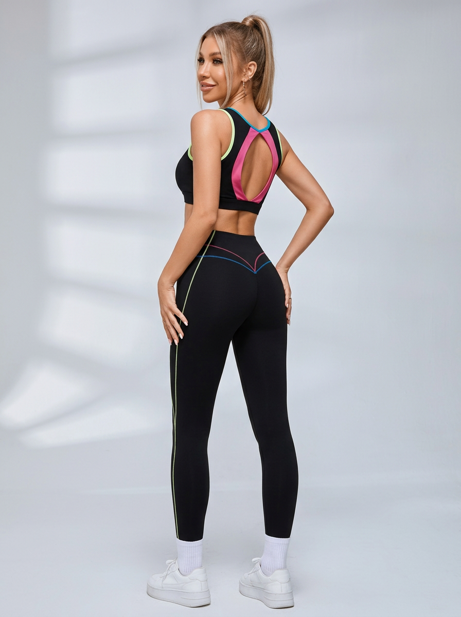 Contrast Cutout Back Sports Bra Leggings Set