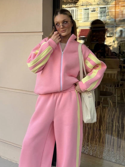 Striped Collared Sweatshirt Wide Leg Pants Set