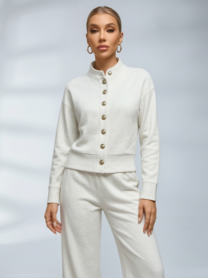 Stand Collar Button Sweatshirt Wide Leg Pants Set