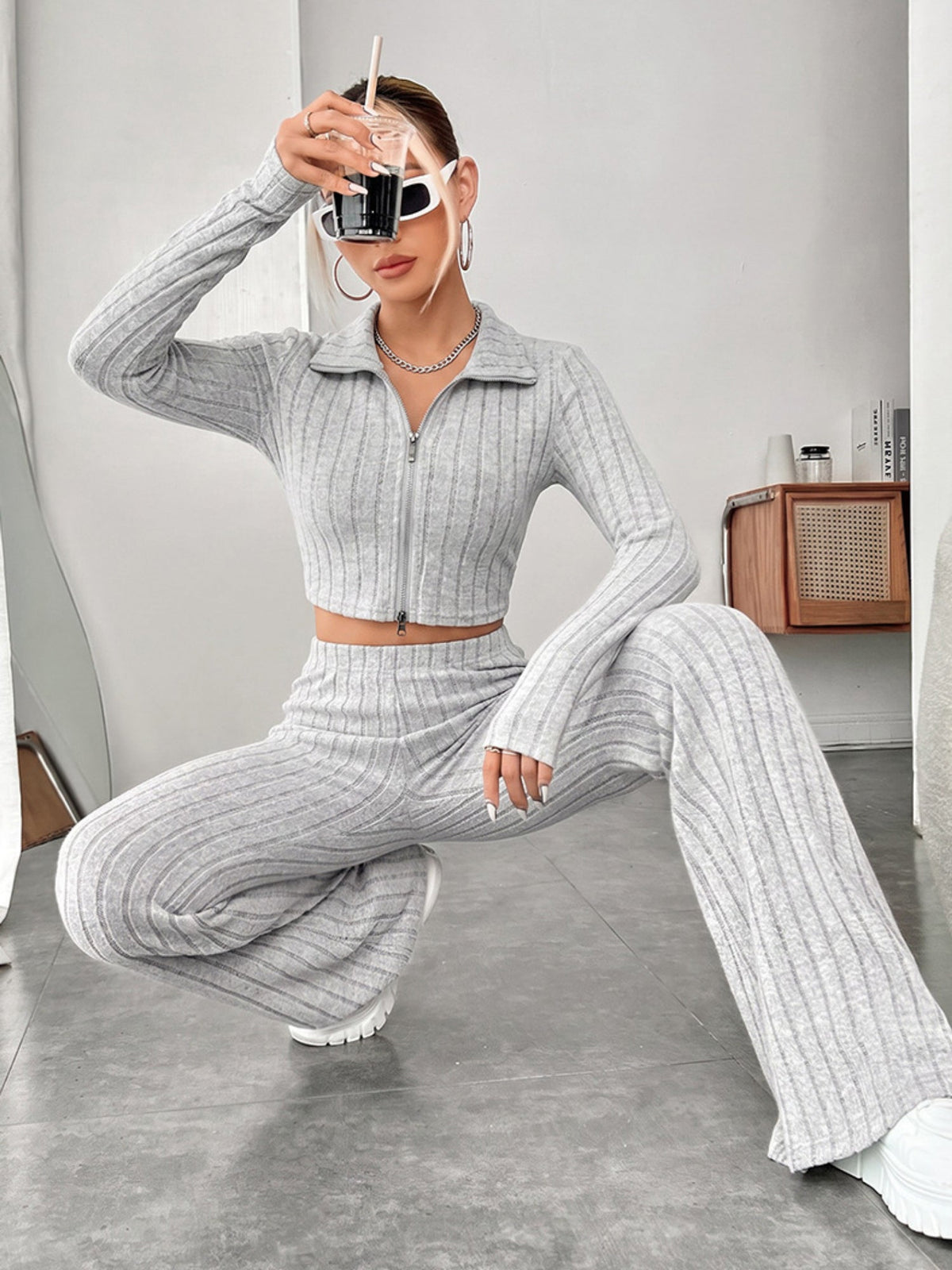 Ribbed Zip Crop Top & High Waist Flare Pants 2 Piece Set