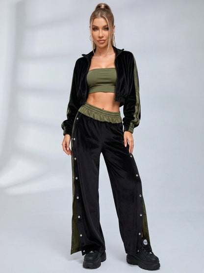 Velvet Stand Collar Jacket Side Snap Wide Leg Pants Tube Top 3 Piece Set