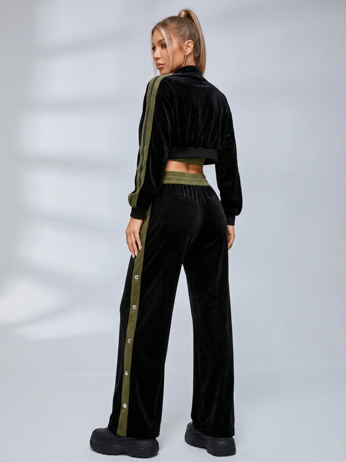 Velvet Stand Collar Jacket Side Snap Wide Leg Pants Tube Top 3 Piece Set
