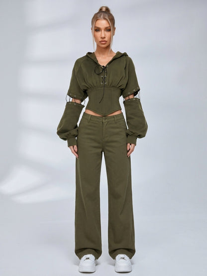 Army Green High Street Cutout Sleeve Waist Slim Hooded  2 Piece Set