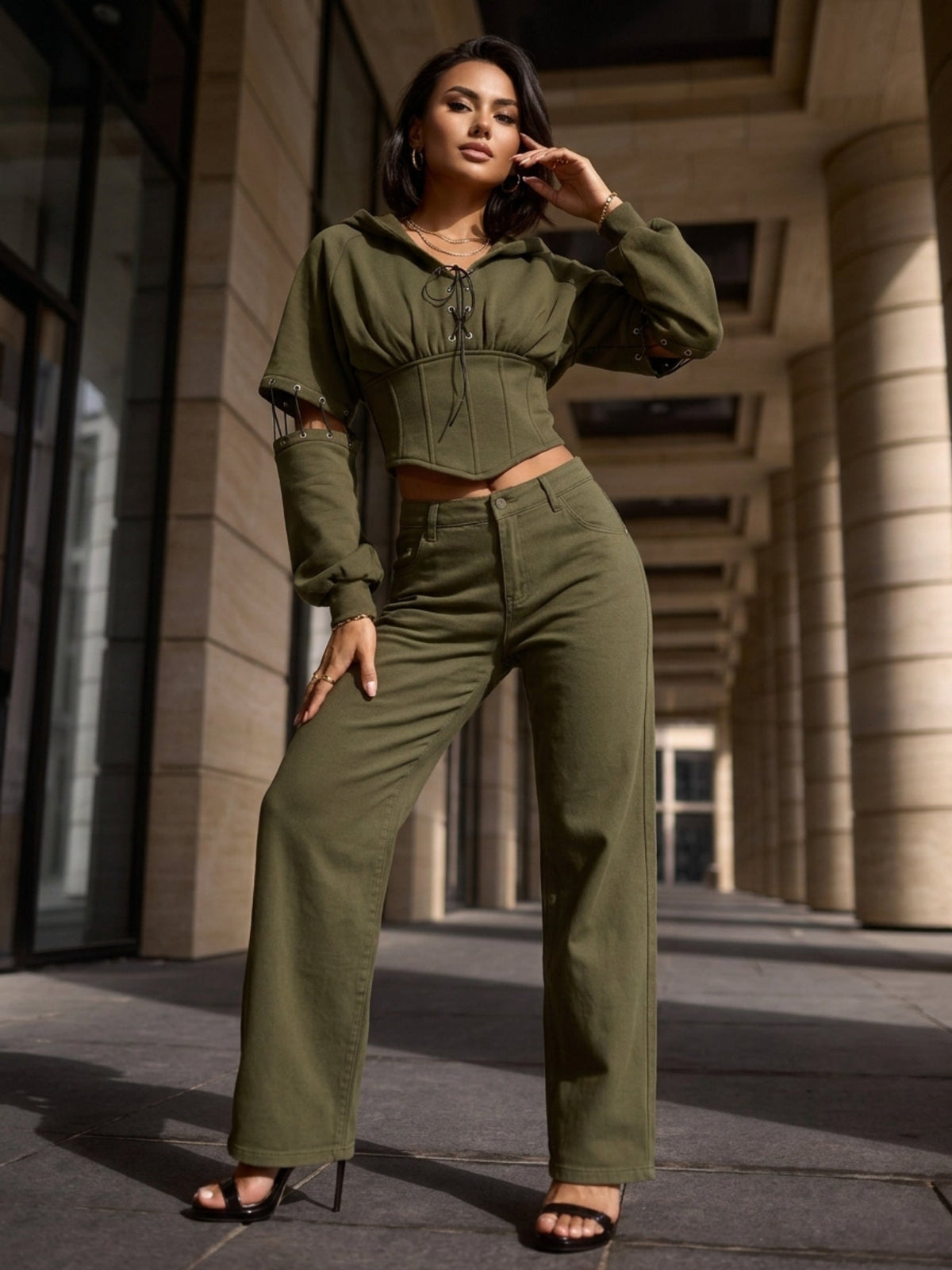 Army Green High Street Cutout Sleeve Waist Slim Hooded  2 Piece Set