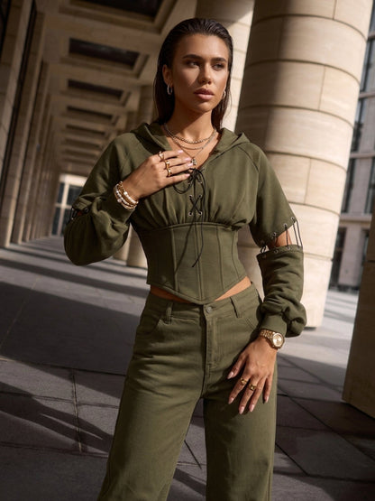 Army Green High Street Cutout Sleeve Waist Slim Hooded  2 Piece Set