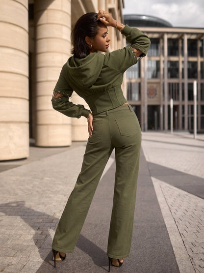 Army Green High Street Cutout Sleeve Waist Slim Hooded  2 Piece Set