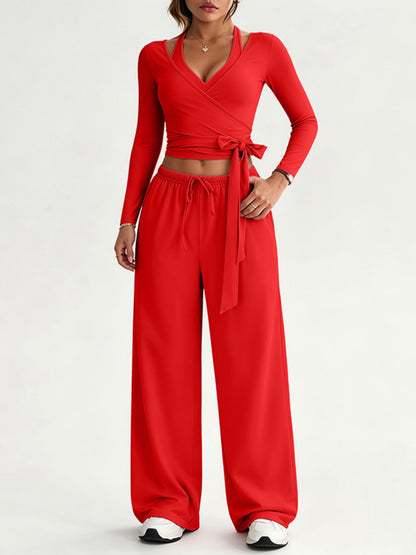 Halter Tie Waist 3 Piece Wide Leg Pant Set