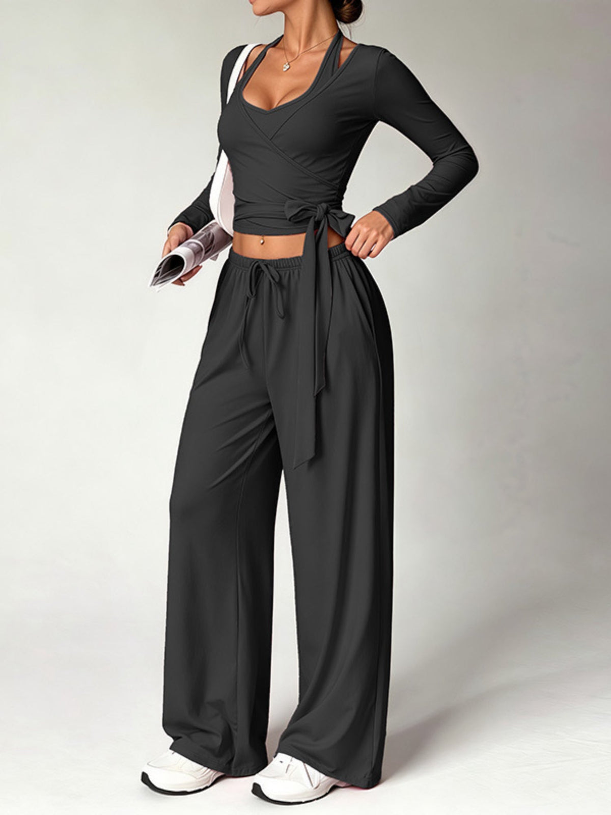 Halter Tie Waist 3 Piece Wide Leg Pant Set