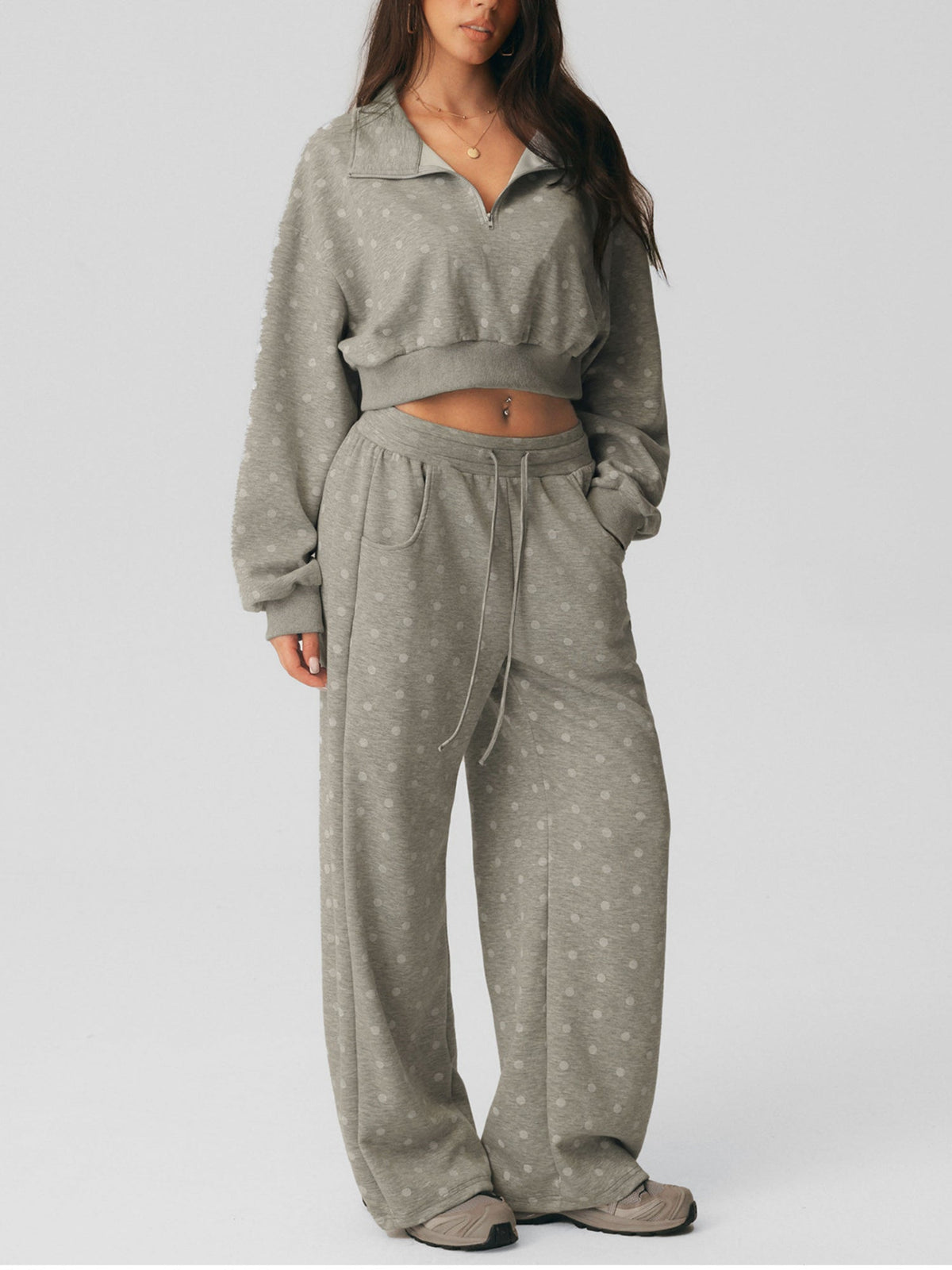 Polka Dot Cropped Sweatshirt Wide Leg Pants 2 Piece Set