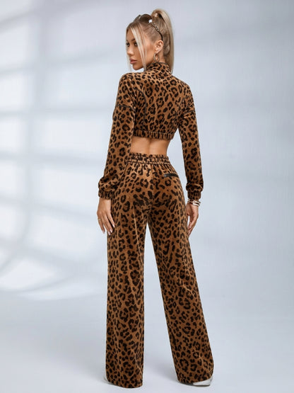 Satin Zip‑Up Cropped Jacket & Wide Leg Pants 2‑Piece Set