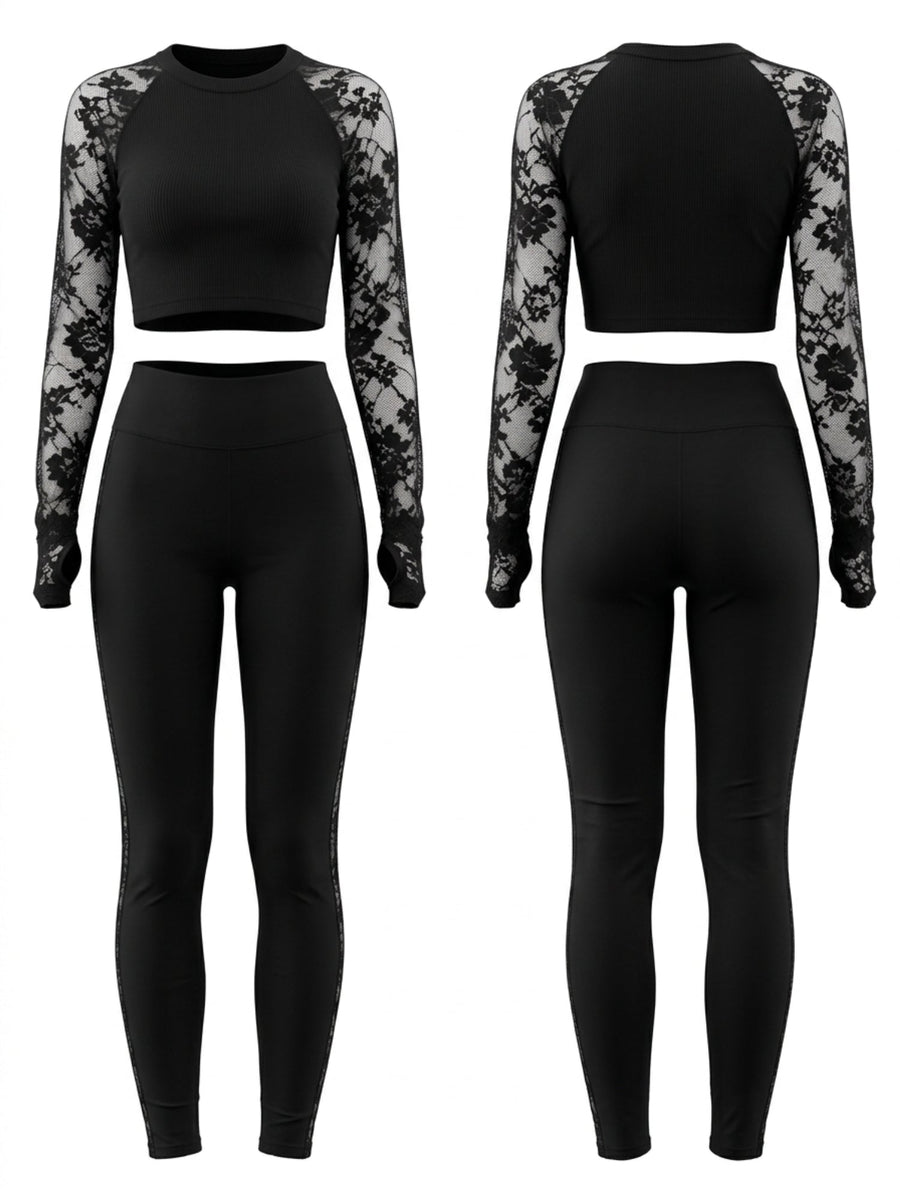 Lace Raglan Sleeve Crop Top Leggings 2 Piece Set