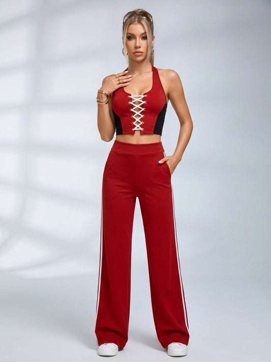 Lace Up Halter Crop Top Side Stripe Wide Leg Pants 2 Piece Set