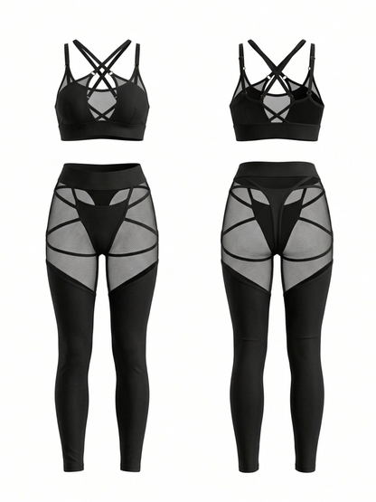Sheer Mesh Crisscross Bra and Leggings Set