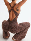 ZASUWA Female Sexy Leopard Print Hollow Out Cross Back Deep V Back Jumpsuit